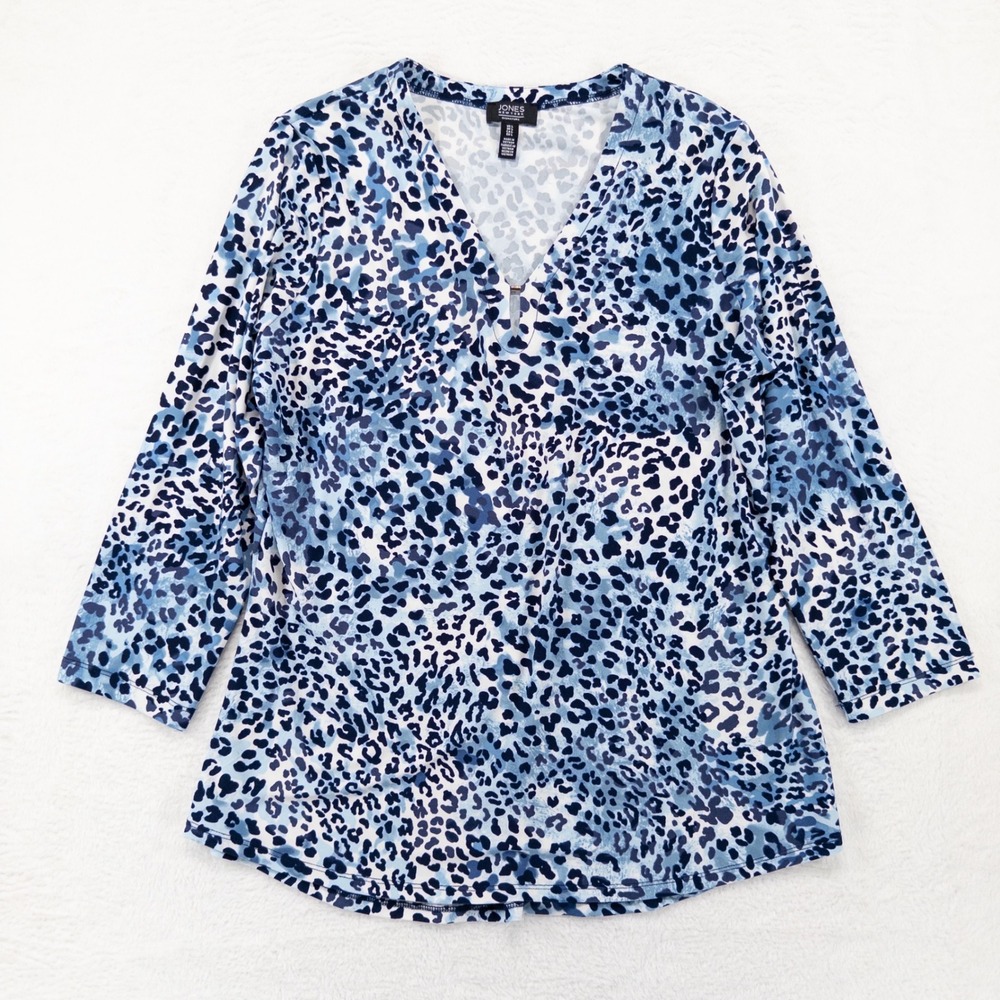 Jones New York Womens Top L Blue Leopard Print V-Neck 3/4 Sleeve Stretch Knit